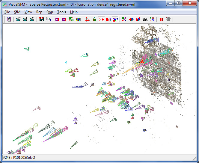 The sparse pointcloud reconstructed and the camera stations displayed in VisualSFM