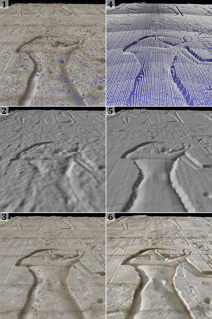 Figure 14. Comparison of the SfM (1-3) and ground truth (4-6) pointclouds and derived meshes.