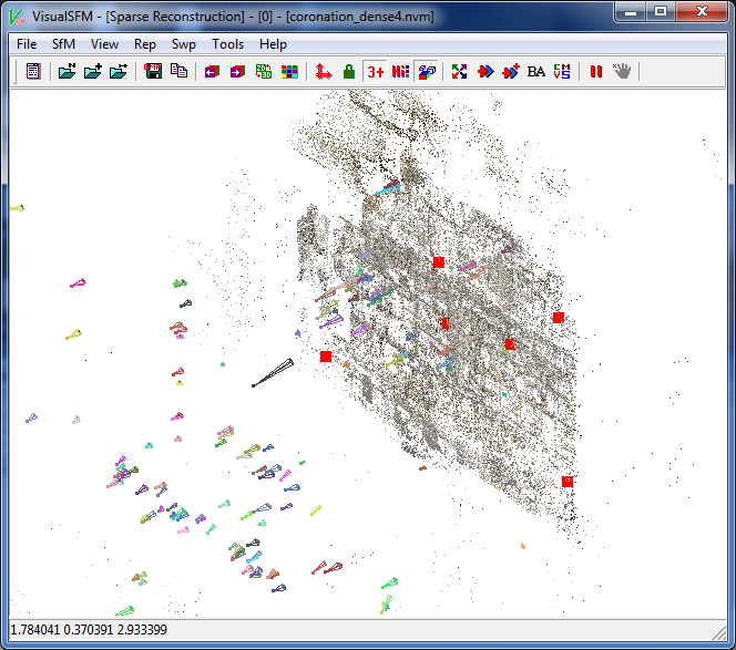 Registered GCPs displayed as red boxes in the 3D Viewport of VisualSFM