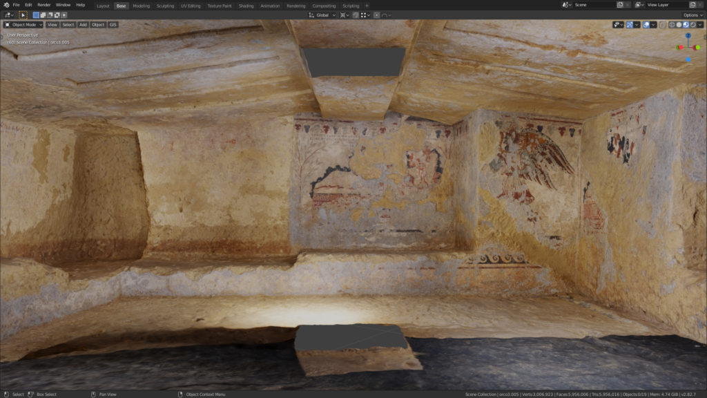 Vue de la Tomba dell'Orco I, sans les piliers modernes. Capture d'écran Blender