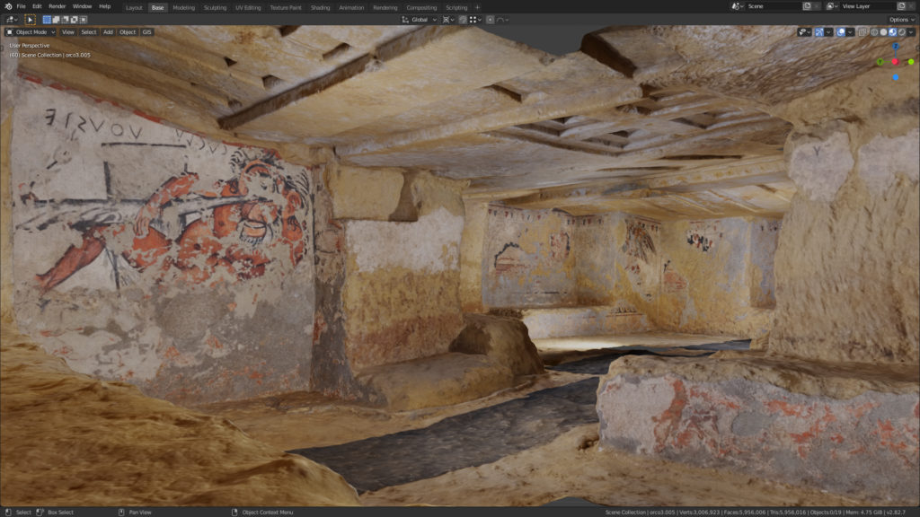 Vue de la Tomba dell'Orco III, sans les piliers modernes. Capture d'écran Blender